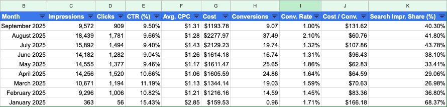 Google Sheet Campaign Metrics Report - Exported by Google Ads Script created with AI