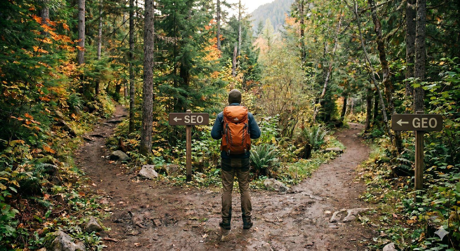 Hiker facing a fork in a trail, one path marked SEO and one marked GEO