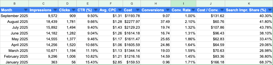 Google Sheet Campaign Metrics Report - Exported by Google Ads Script created with AI